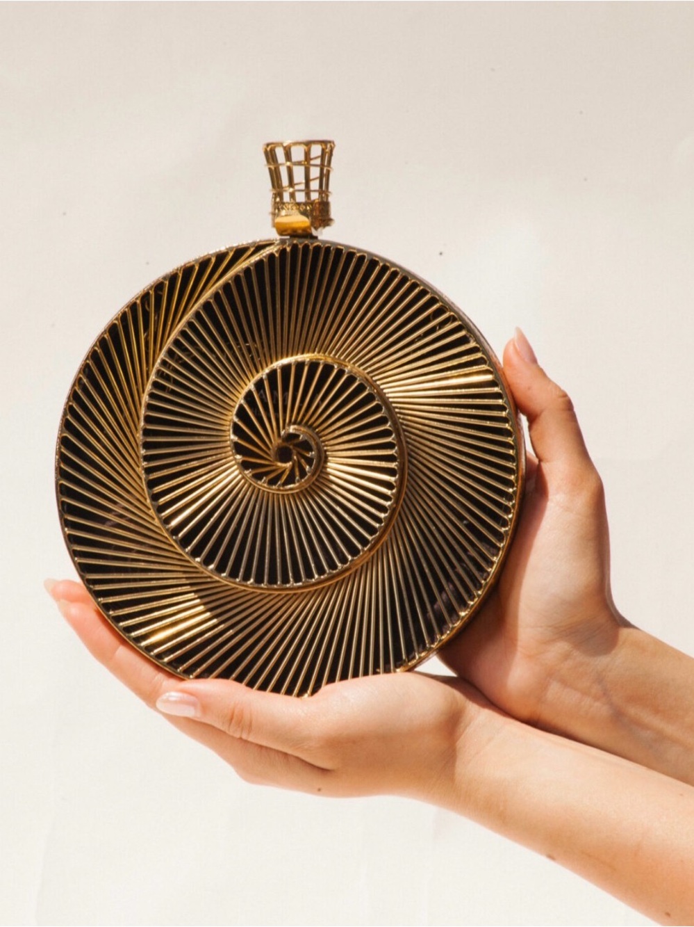 Tourbillon luxurious Brass 14K- plated Spiral Round Evening Clutch Retail $455